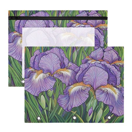 Wobogo Purple Iris A4 Size Clear Polyester File Pocket Set of 2 Zipper Home Work Office Organizer