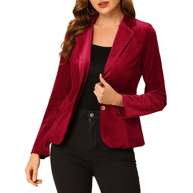 INSPIRE CHIC Women's Vintage Velvet Blazer Notched Lapel Button Front Wear-to-Work Jacket L Burgundy