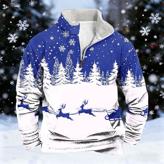 FAOWME Men's Christmas Sweater With Pocket Long Sleeve Half Zip Reindeer Print Knitted Fashion Casual Warm Pullover Top For Autumn Winter Daily Wear Blue L