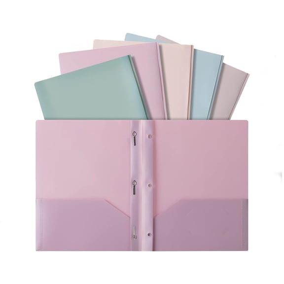 5 Pack Plastic Folders with Pockets and Prong,Muted Pastel Colors,Pocket Folders with Prongs and Fasteners,2 Pocket