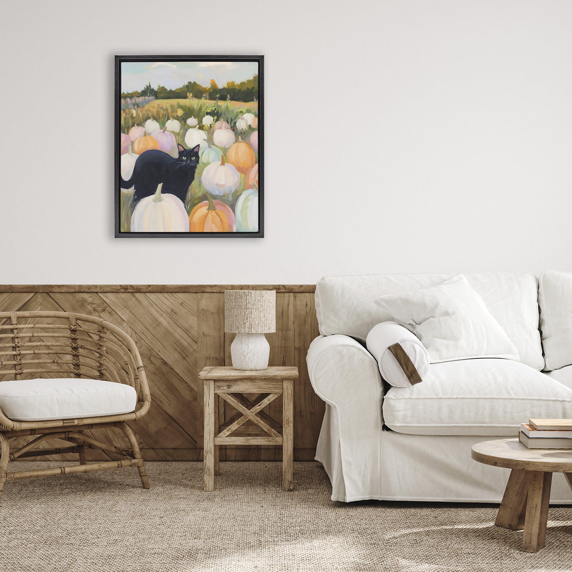 Stupell Industries Kitten & Pumpkins in Field Black Framed Floater Canvas Wall Art, design by The Prints Vibe