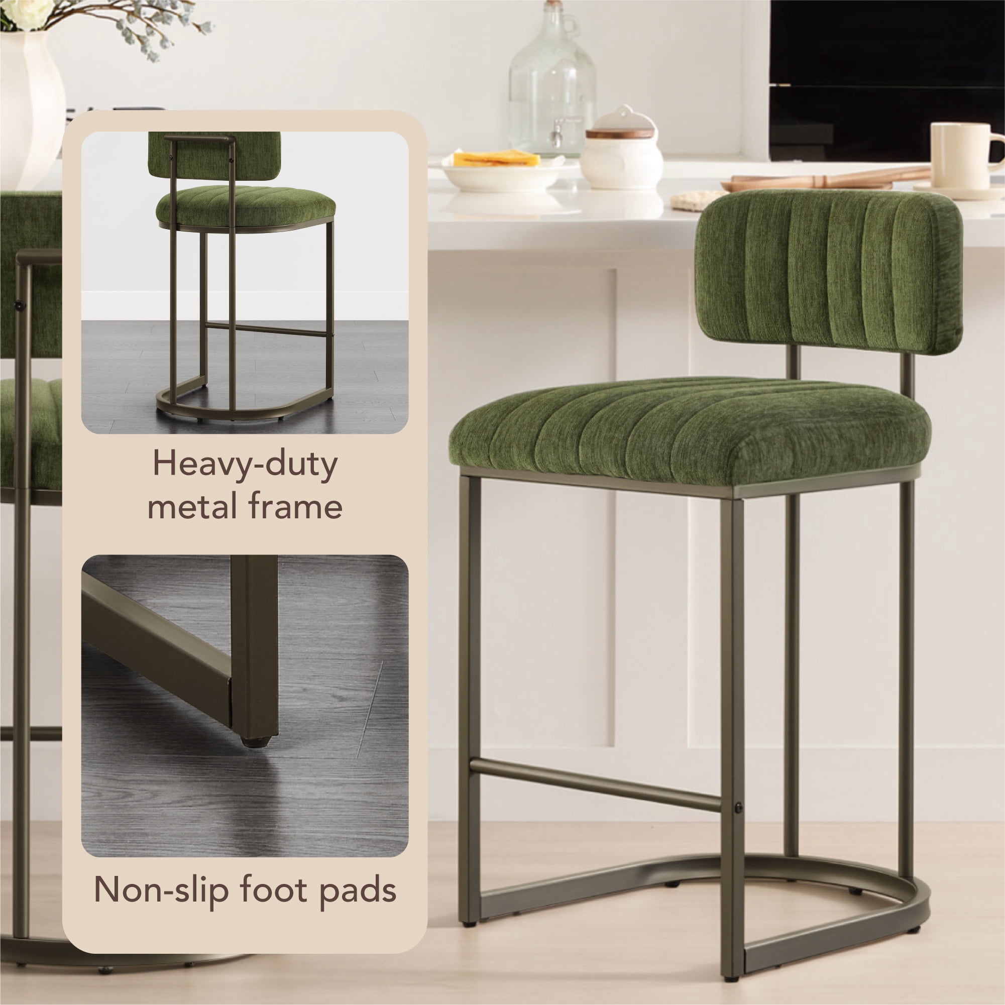 Spruce & Spring 26" Fixed Counter Height Bar Stools Set of 2, Upholstered Counter Chairs with Curved Back & Channel Tufting, Metal Base for Kitchen Island & Home Bar, Green Fabric