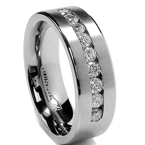8 MM Men's Titanium ring wedding band with 9 large Channel Set Cubic Zirconia CZ size 10.5