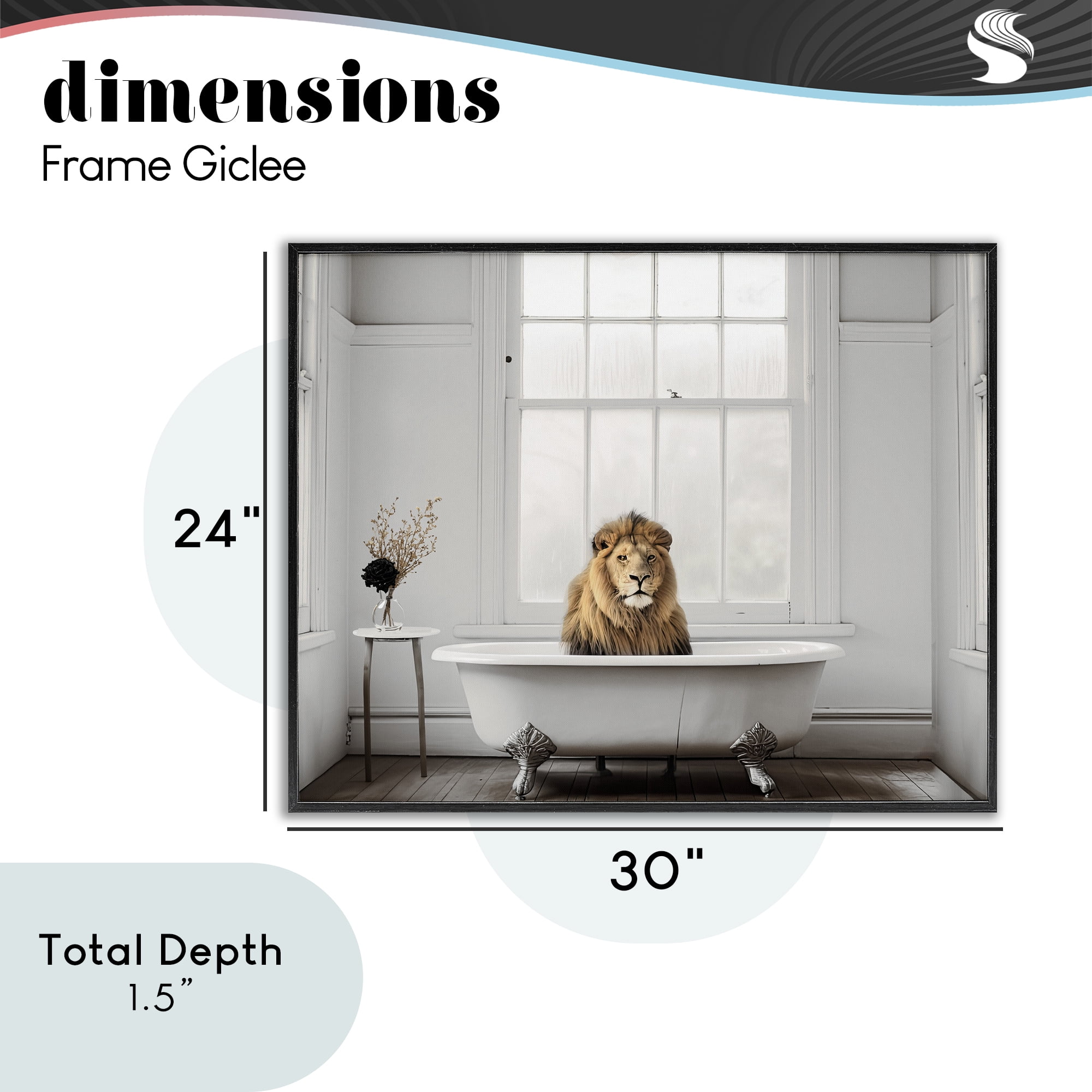 Minimalist Lion Bathtime Black Framed Giclee Art, design by Sasha