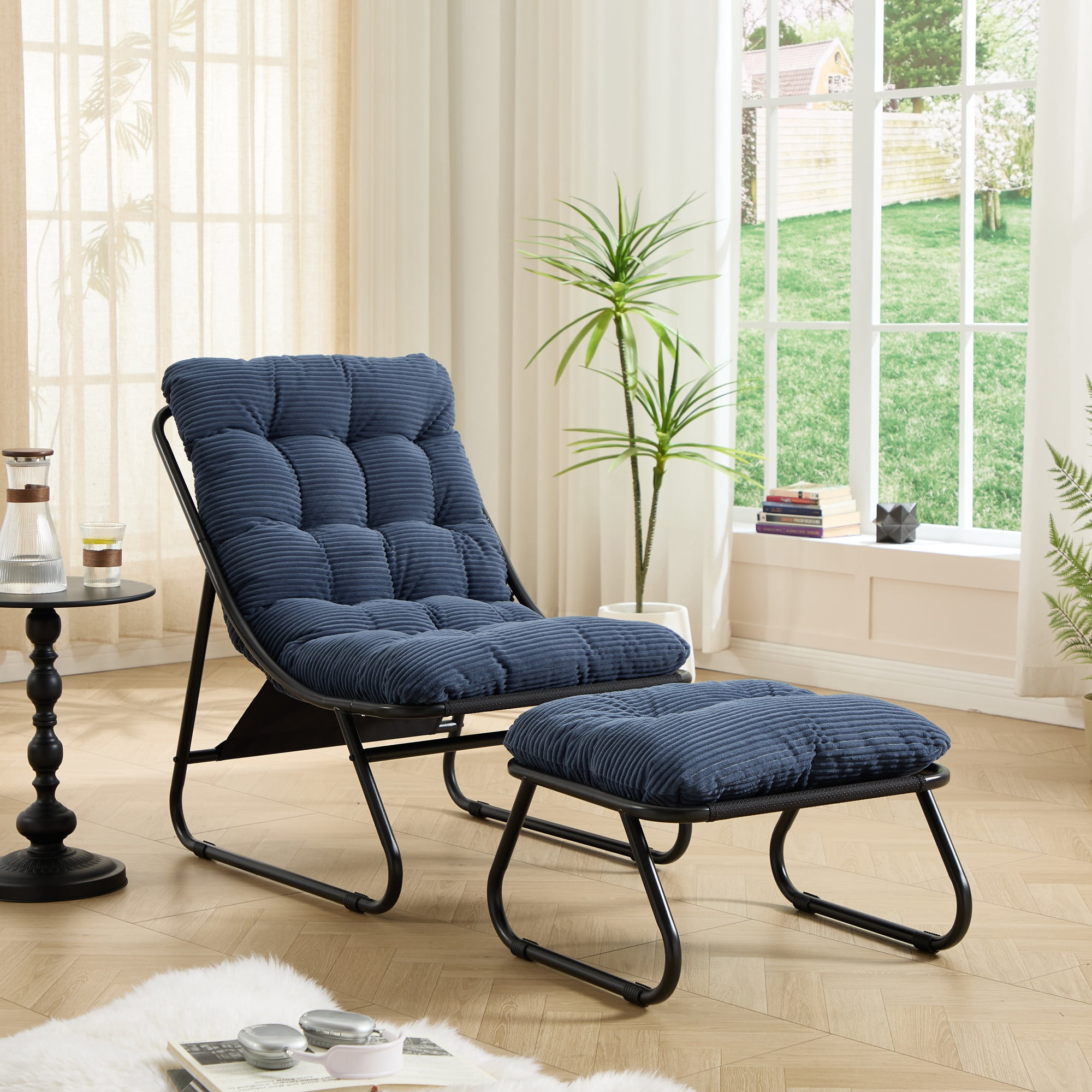 Patio Outdoor Lounge Chair with Ottoman, Comfy Sling Recliner Chair with Puffy Cushion and Foot Stool, Ideal for Living Room, Bedroom, Reading Room