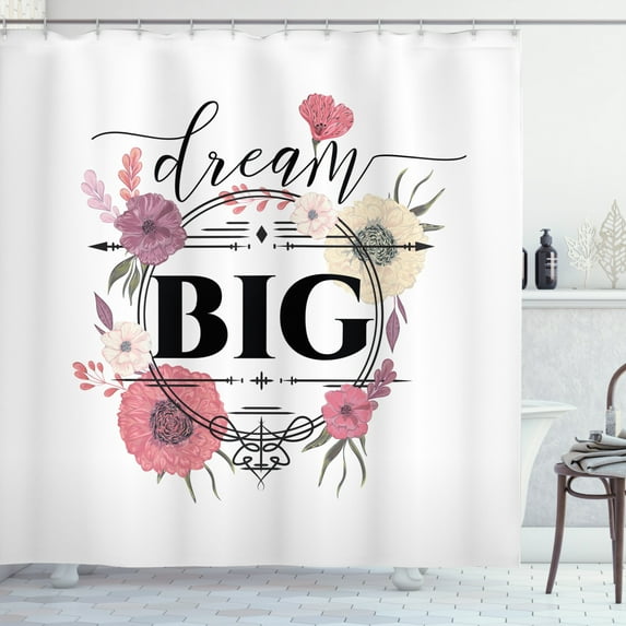Dream Shower Curtain, Dream Big Typography Design with Romantic and Vintage Flowers in Watercolor Style, Fabric Bathroom Set with Hooks, 69"W X 84"L Extra Long, Multicolor, by Ambesonne