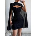 thumbnail image 4 of Women'S Round Neck Ribbed Chiffon Dress with Pearl Detail Cape Style Bodycon Slip Dress, 4 of 7