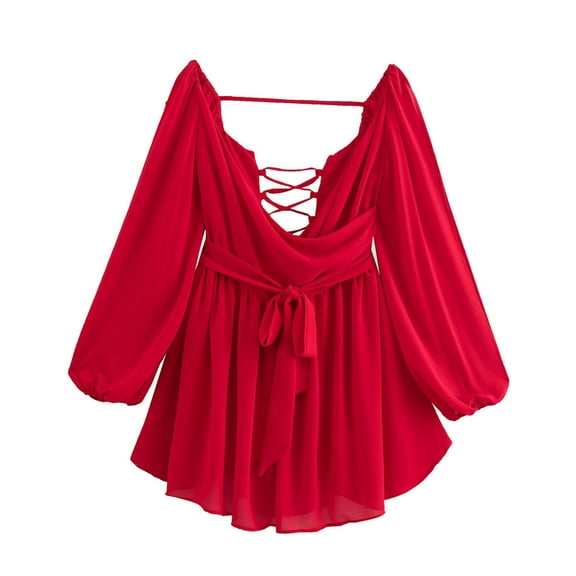 jtjvou Women's Sexy V-Neck Hollow Puff Sleeve Mini Dress Spring Girl Off Shoulder Long Sleeve Layered Ruffle Short Dresses for Women Red,M