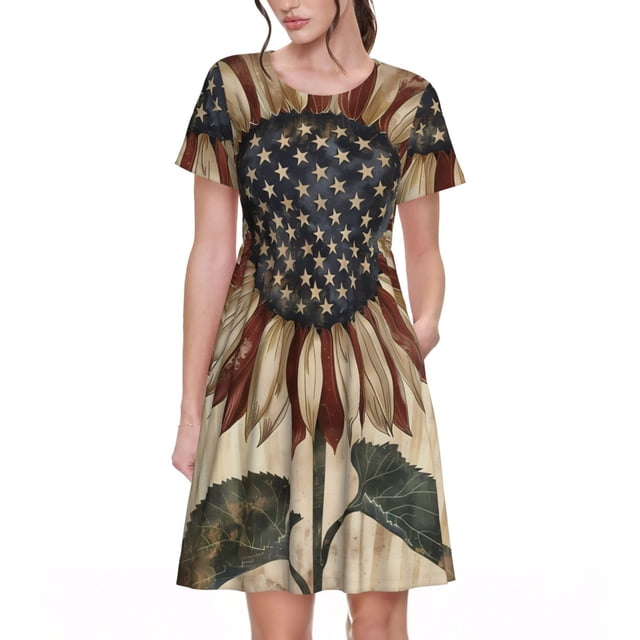 Vsdgher USA Tournesol Drapeau pour Femmes Été 2025 Robes Midi Maxi Décontractées Légères Manches Courtes Col Rond Robe de Plage