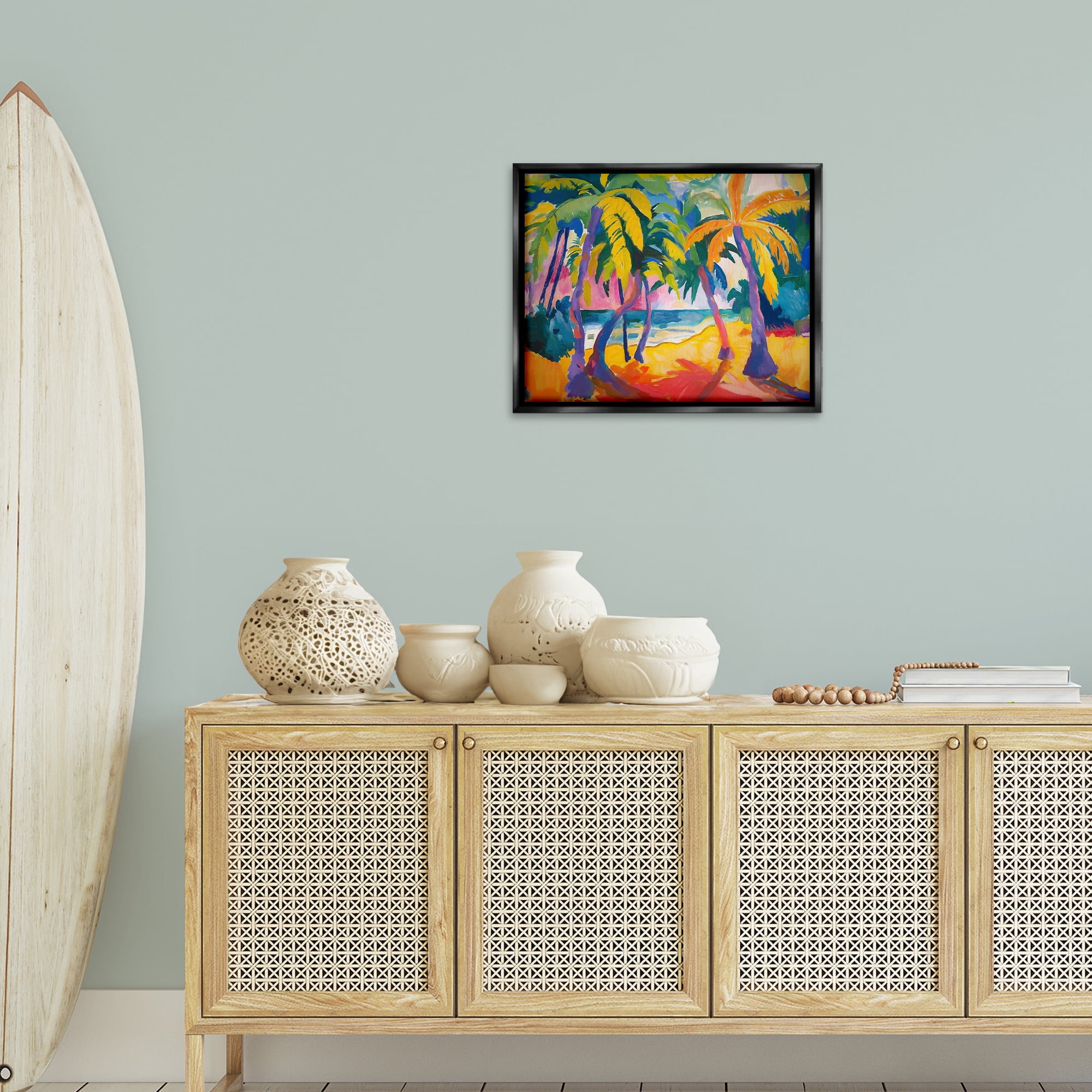 Stupell Industries Tropical Palm Paradise Coastal Painting Black Floater Framed Canvas Art Print Wall Art, 21 x 17
