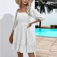 thumbnail image 6 of QUYUON Summer Mini Dresses for Women Square Neck 3/4 Sleeve Flowy Babydoll Mini Short Beach Dress Pleated A-Line Ruffle Swing Tunic Dresses Club Party Dress Style D-6504 White S, 6 of 7