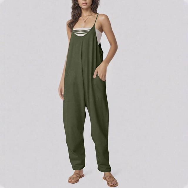 Neewe Women's Loose Fit Elastic Off Shoulder Beam Foot Sleeveless Strap Jumpsuit Rompers with Pockets Plus Size