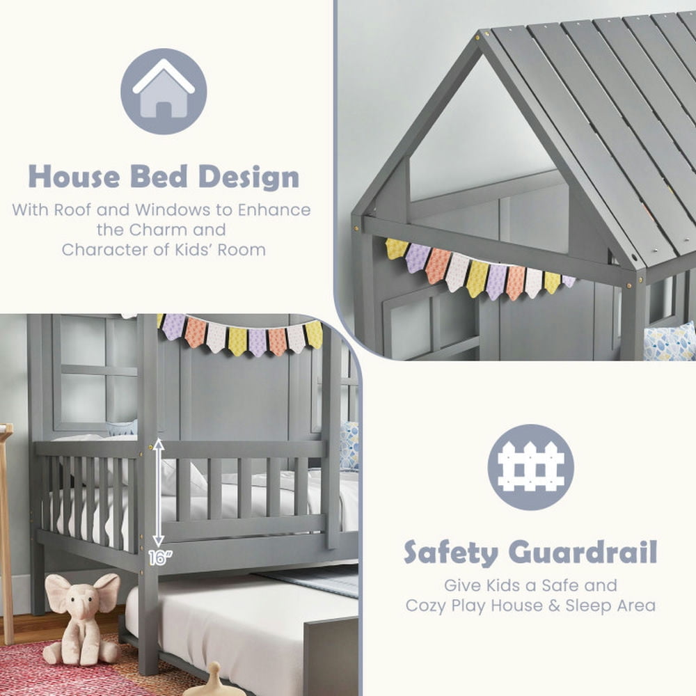 GVN Twin Size Bed Frame House Bed with Trundle and 82 Inch Tall Roof-Gray, Baby Bed for Sleeping and Sleepovers