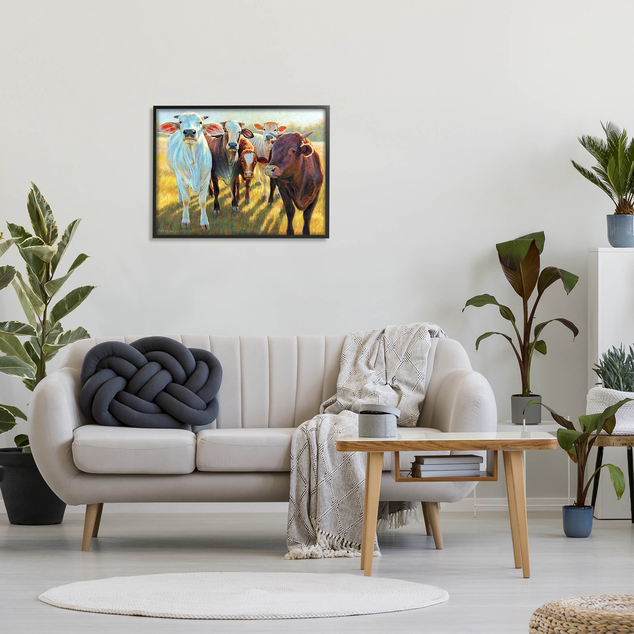 Various Cattle Sunny Farmland Field Animals & Insects Painting Black Framed Art Print Wall Art
