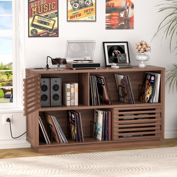 WARAYZ Record Player Stand with Vinyl Storage, 47 Inch Turntable Cabinet, Charging Station, Walnut