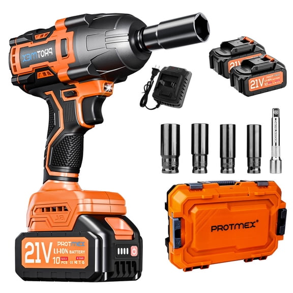 Protmex 21V 1200Nm 900Ft lbs Brushless 1 2 Inch Cordless Impact Wrench with 2 Pack 4 0Ah Batteries LED Light 4 Sockets for Car Tractor Lawn Mower