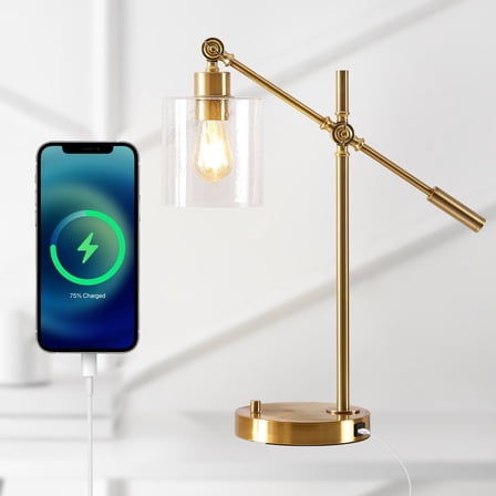 JONATHAN Y Kathryn Classic 23" Iron/Seeded Glass Adjustable Head Modern USB Charging LED Task Lamp, Brass Gold, JYL3082A