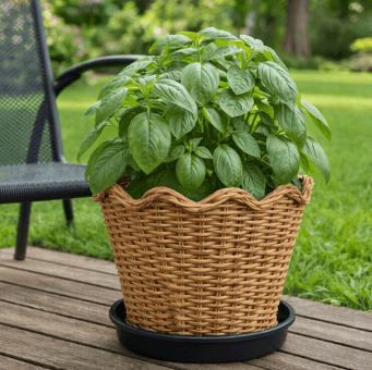 10" Wave Rattan Planter Pot with Black Plastic Saucer | Woven by Quality Indonesian Rattan | Durable Scalloped Rim Design | Lightweight Plant Pot | Home & Garden & Indoor & Outdoor Use