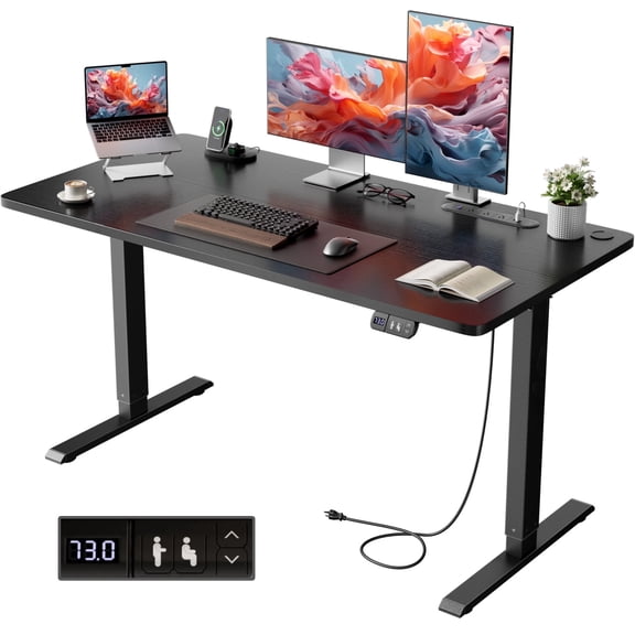HLDIRECT 40" Electric Standing Desk with Outlets, Sit Stand Up Desk, Adjustable Height Home Office Desk with 2 Preset Heights for Work Study, Black