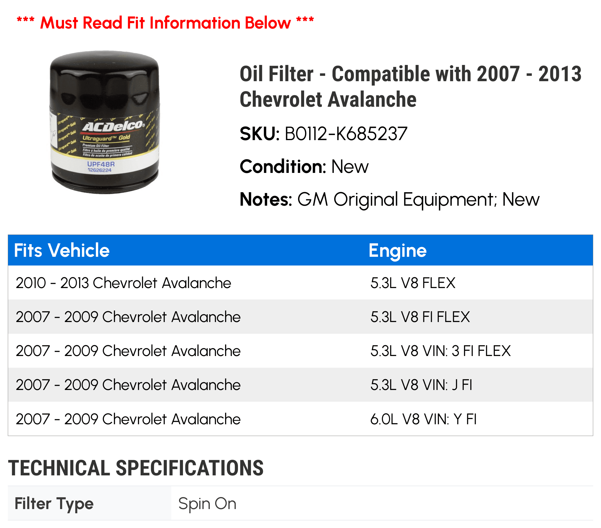 Oil Filter - Compatible with 2007 - 2013 Chevy Avalanche 2008 2009 2010 2011 2012