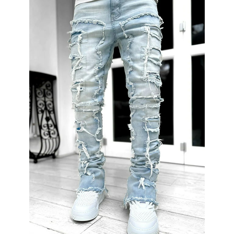 Men's Ripped Stacked Jeans Slim Fit Patch Distressed Destroyed