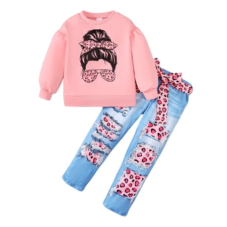 5T Baby Girls Clothes 5T Girls 2PCS Outfits Set Round Neck Toddler Girls Long Sleeve Top Pants Set Pink