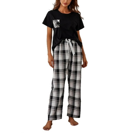 

2pcs Set Casual Plaid Round Neck PJ Pant Sets Short Sleeve Black and White Women s Pajama Sets (Women s)