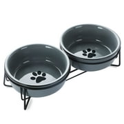 Cat Food Bowls, Porcelain Raised Cat Small Dog Bowls with Heighten Metal Stand for Pet Food and Water Dishes , 15 Ounces (Grey)