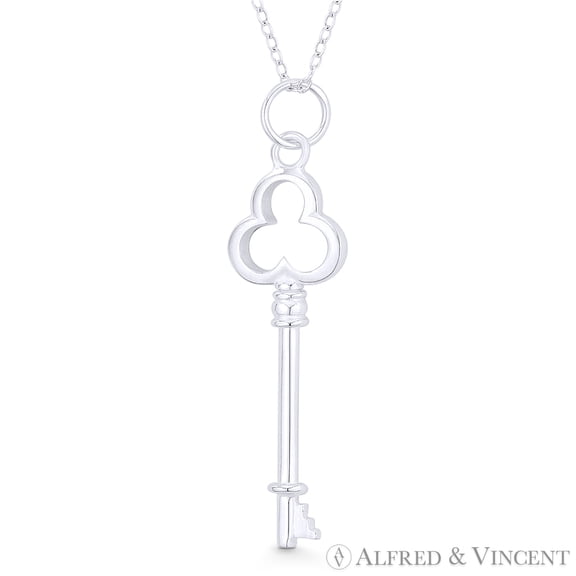 Trefoil Clover Bow Skeleton Key Love Charm Pendant & Chain Necklace in .925 Sterling Silver