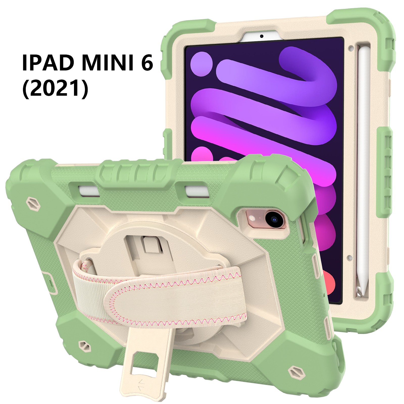 Case for iPad Mini 6 2021 8.3-inch, Kids Shockproof Rugged Hybrid 360 Rotating Stand Cover with Hand Shoulder Strap/Pencil Holder