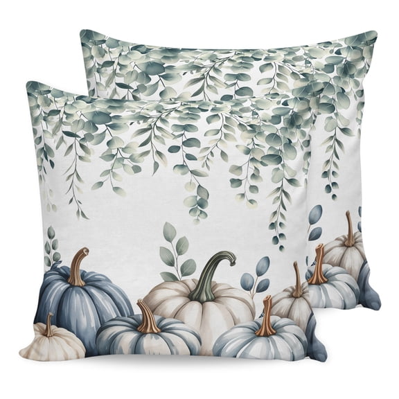 Pillow Covers 20x20 Set of 2, Blue Grey Pumpkins Fall Throw Pillow Covers Decorative Couch Cushion Cover, Eucalyptus Leaves Thanksgiving Microfiber Soft Square Pillowcases for Bedroom Living Room