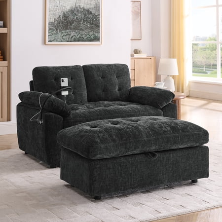 LifeSky Double Sofa Recliner for Couples & Partners: 2 Independent Manual Reclining Backrests, Side USB Charging & Phone Stand, Storage Ottoman - Weekend Movie Nights - Chenille Fabric, Black