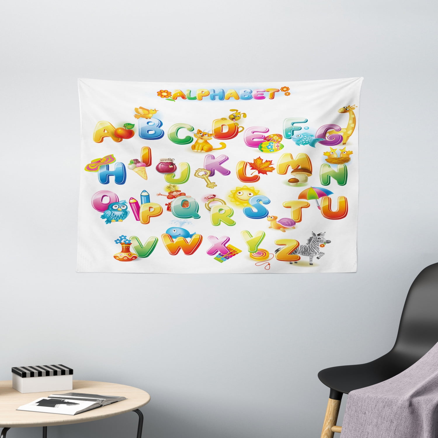 Educational Tapestry, Cheerful Cartoon Fun Alphabet Design for Kids