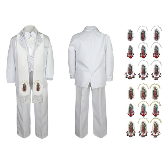 New Born Baby Boy Teen Christening Baptism Formal White Paisley Suit Silver Gold Patch on Stole SM-20