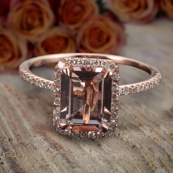 Unique 7x5mm Emerald Cut 1.75 Carat Peach Pink Morganite and Diamond Moissanite Engagement Ring with 18k Gold Plating