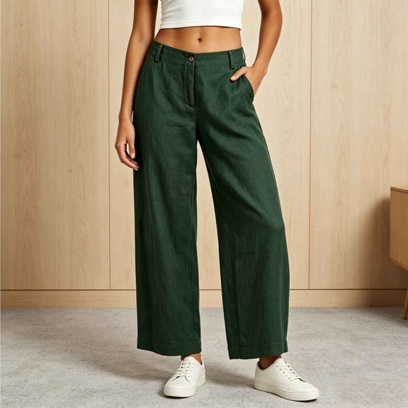 Women's Cotton Linen Blend Wide Leg Pants High Waisted with Pockets, Casual Loose Flowy Trousers for Summer Commuting Work Beach Capri | VerBelle,Green L