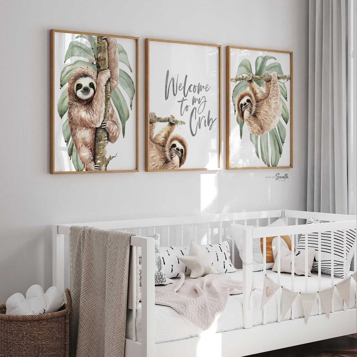 Sloth wall art set, sloth themed baby nursery, sloth nursery ideas, sloth tropical rainforest room decor, neutral sloth green gray newborn, Poster Only