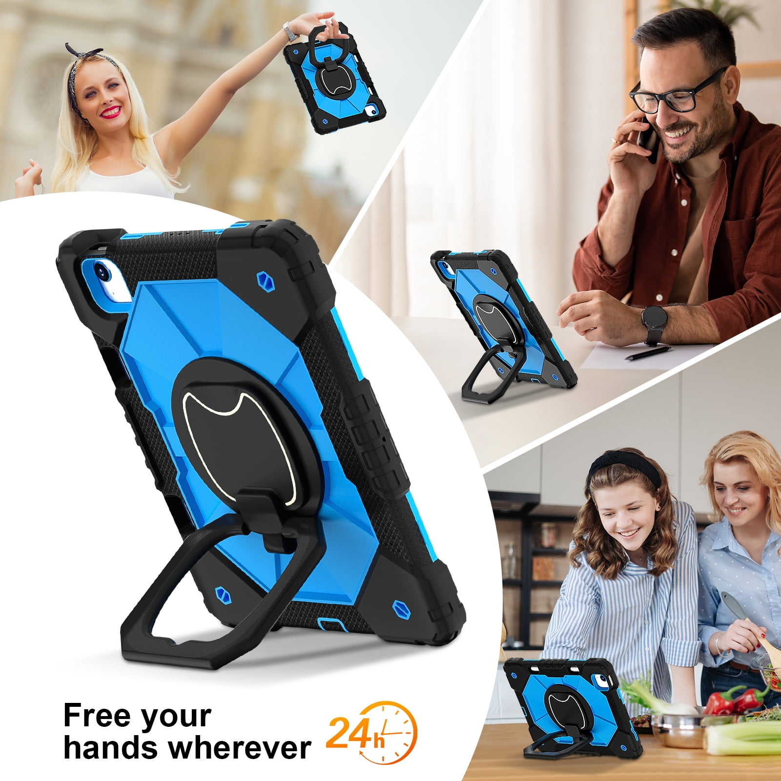 Dteck with Pencil Holder Case for iPad Air 13 inch 2025/2024,Heavy Duty Silicone Case 360 Degree Rotating Handle Stand Cover with Shoulder Strap for iPad Air 13-in. M3/M2,Black+Blue