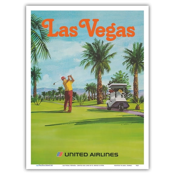 Las Vegas Nevada - Golfing Resort - United AirLines - Vintage Airline Travel Poster by R. Meyer c.1970s - Master Art Print (Unframed) 9in x 12in