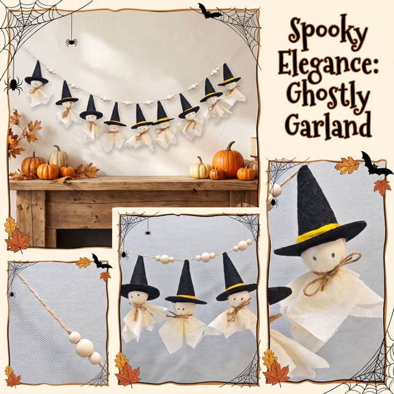 Ktlvex Vintage Halloween Ghost Garland Rustic Fabric Ghost Hanging Banner with Wood Beads Hanging Halloween Decor for Mantel Fireplace Party Home Wall Decorations (Black)