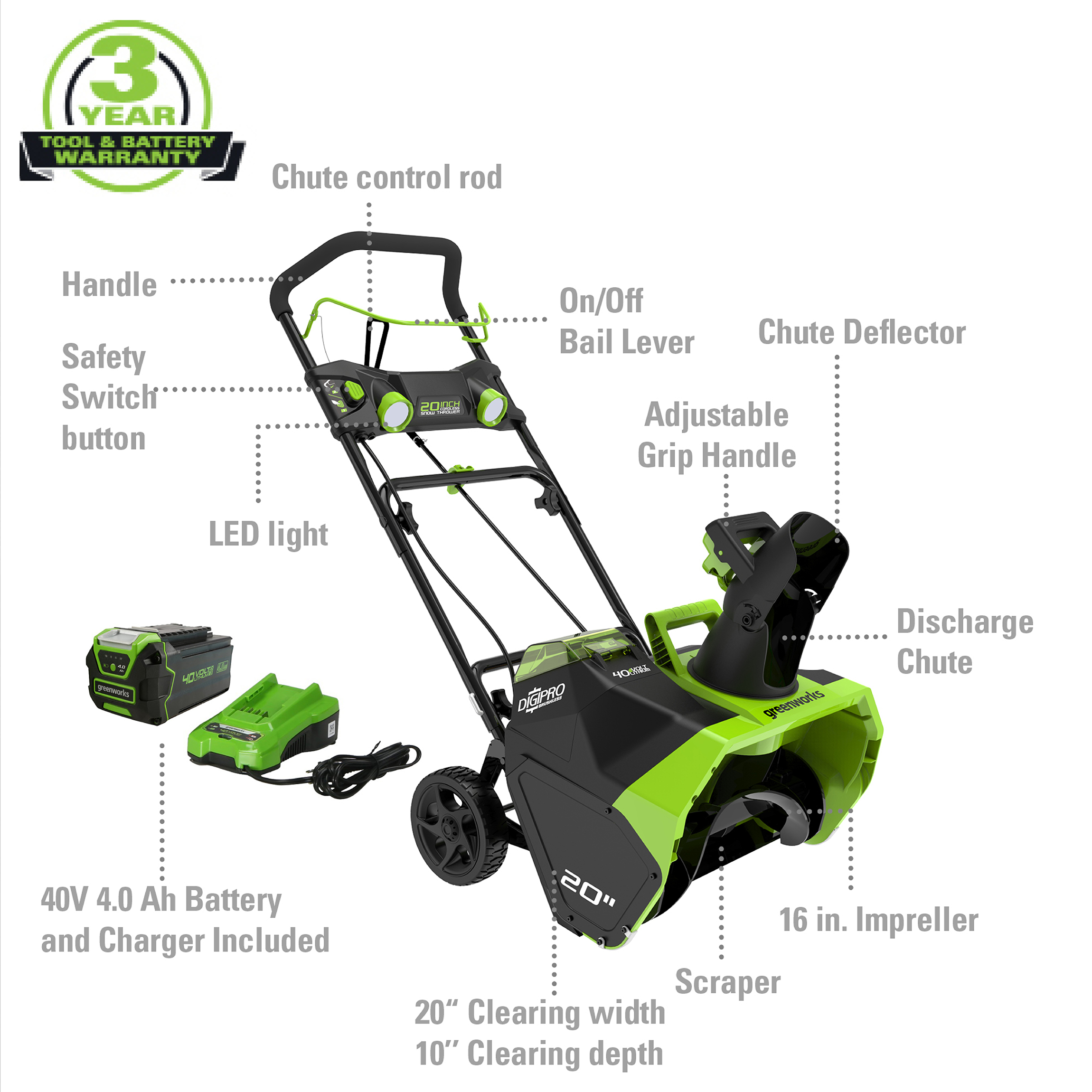 Greenworks 40V 20" Cordless Brushless Snow Blower + (1) 4.0 Ah Battery and Charger 26272 - image 2 of 9