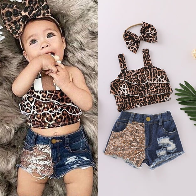 3PCS Kids Girls Summer Ruffles Top Shorts Leopard Short Sleeve Pleated Vest Blue Hole Jeans Side Pockets