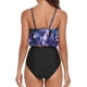 thumbnail image 3 of Traje de baño para mujer, estampado de moda, 2 piezas, doble capa, traje de baño con volantes para mujer, para verano, playa, natación, Top morado con tinte anudado, pantalones cortos negros XXL, 3 of 5