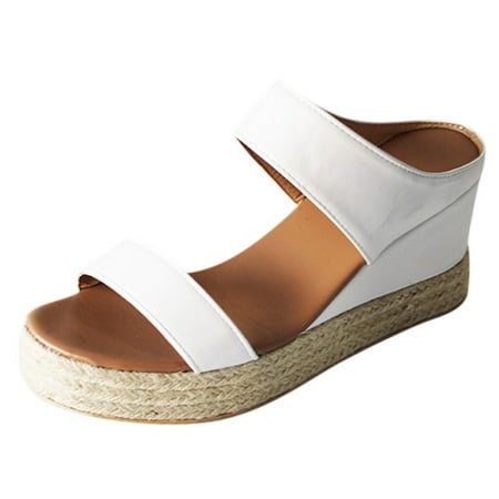 

Wedges for Women Summer Women Open Toe Breathable Beach Sandals Slip-On Straw Casual Wedges Shoes Pu White 37