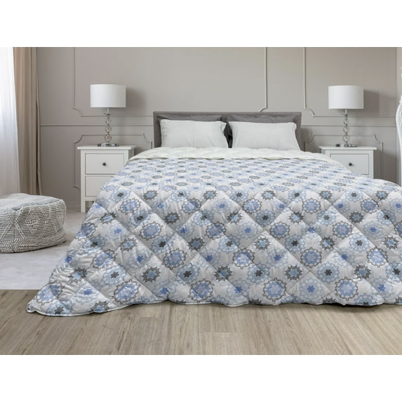 Folk Art Down Alternative Comforter, Monochrome Designed Repetitive Motifs on Plain Background Art Print, Microfiber Quilt for All Season, 5 Sizes, White and Charcoal Grey, by Ambesonne