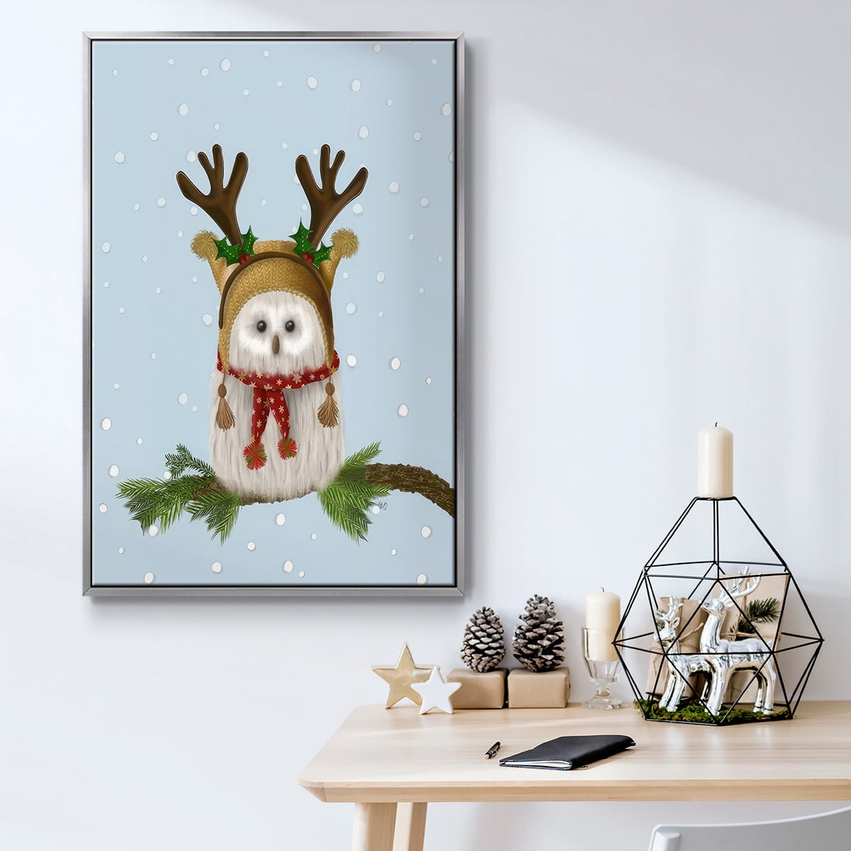 Christmas Fluffy Owl and Antlers - Framed Gallery Wrapped Holiday Canvas - 25 x 37 - Silver Frame