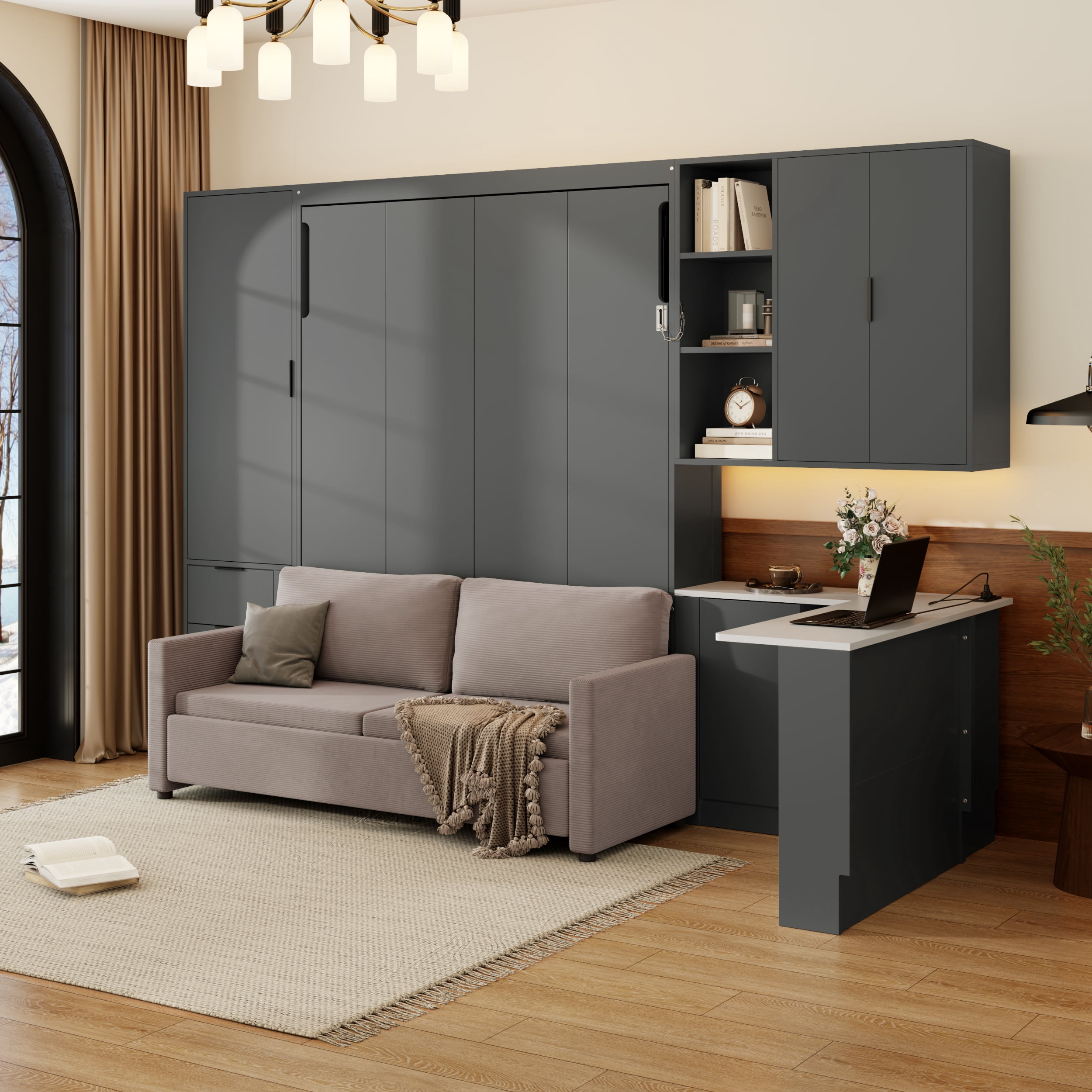 Queen Size Murphy Bed with Sofa, Writing Desk, Storage Shelves & Drawers, LED and USB for Small Space, Guest Room