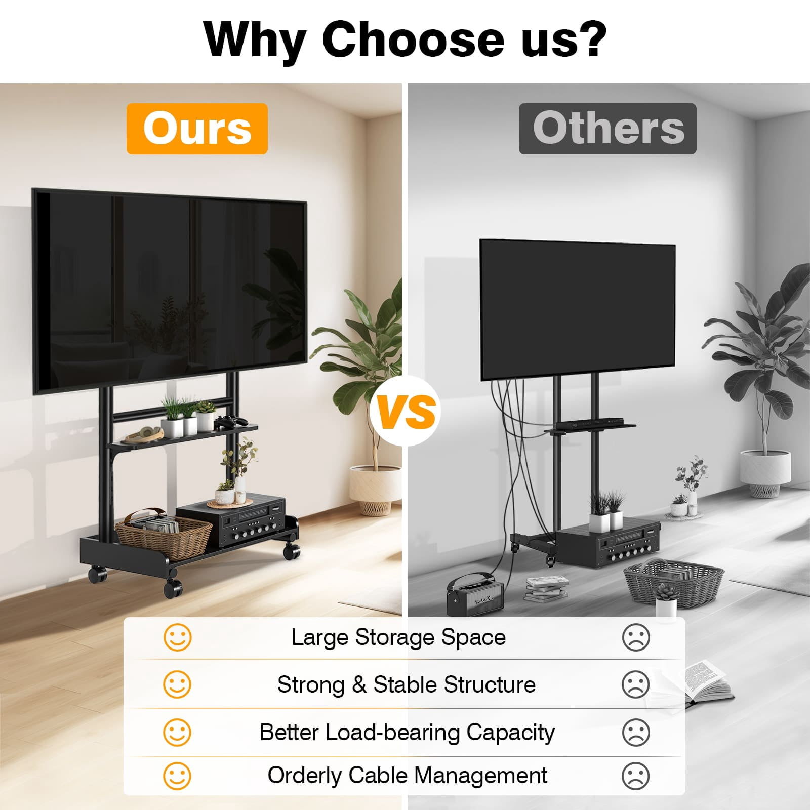 TAVR Furniture Mobile Rolling TV Stand with Wooden Storage Shelf for 40-86 inch TVs, Height Adjustable