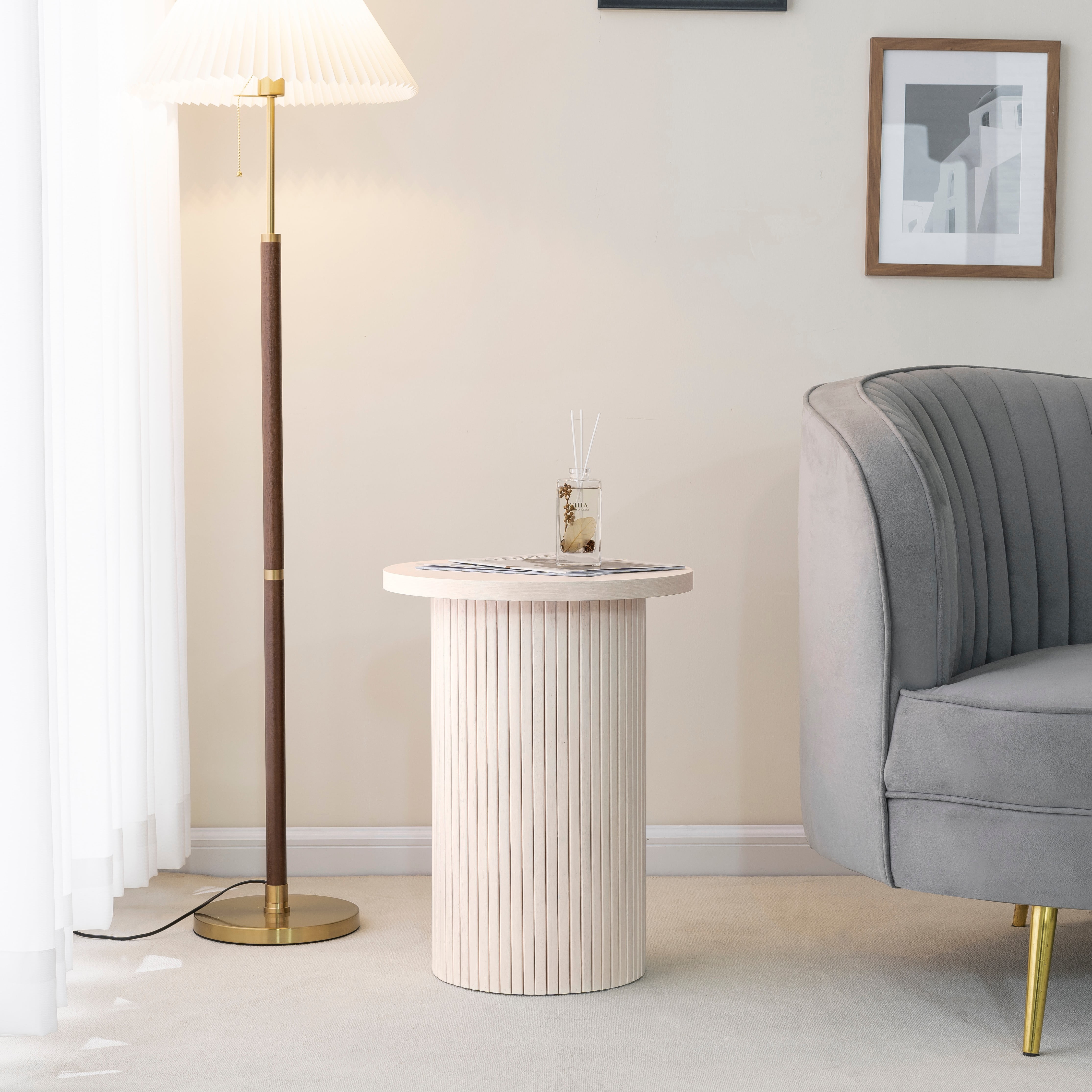 SHYFOY Round Solid Wood End Table White Pedestal Side Table Living Room Furniture Accent End Table with Solid Wood Base