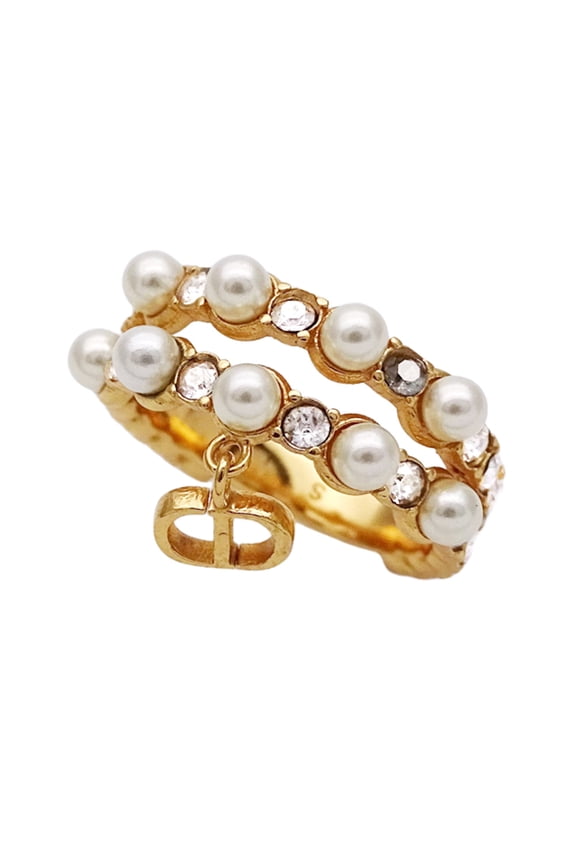 Pre-Owned Christian Dior Dior Women's Ring, Size 10, Gold with Faux Pearl and CD... (Good)